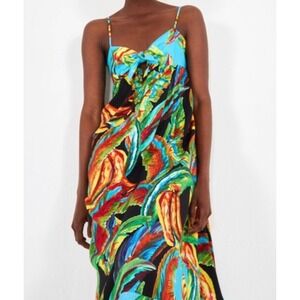 Farm Rio Mixed Banana Maxi Tropical Leaf Dress XS Turquoise Linen Blend Resort